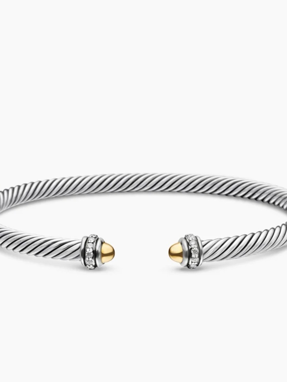 David Yurman Sterling Cable Bracelet with Gold End Caps and Pave Diamonds